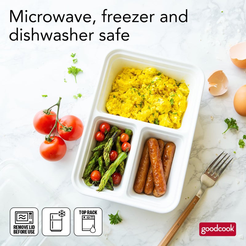 GoodCook Meal Prep Rectangle Three Compartment 20-Piece, White, Made without BPA - Image 3